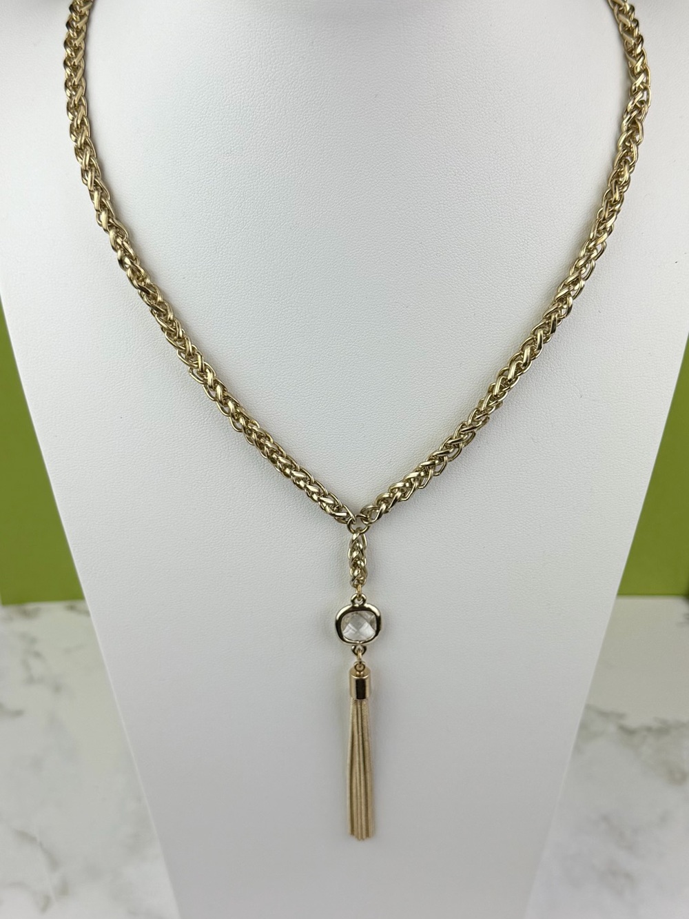 Banana Republic Gold Tone Tassel Y-Necklace with Faceted Crystal Accent